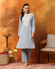 Wool Blend Solid Kurta Set with Thread Embroidery & Elasticated Palazzo