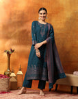 Floral Wool Blend Kurta Set with Embroidered Mandarin Collar & Printed Dupatta