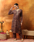 Wool Blend Floral Kurta Set with Zari Embroidery & Printed Elasticated Palazzo