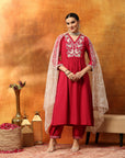 A-Line Kurta Set with Lucknavi Embroidery, Palazzo & Embroidered Supernet Dupatta