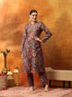 Wool Blend Floral Printed Kurta Set with Mandarin Collar, Zari Work & Printed Palazzo