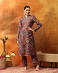 Wool Blend Floral Printed Kurta Set with Mandarin Collar, Zari Work & Printed Palazzo
