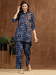 Blue Indo-Western Co-ord with Embroidered Shirt Collar Tunic & Printed Palazzo