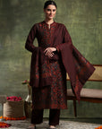 Woven Wool Kurta Set with Mandarin Collar, Palazzo & Printed Wool Dupatta