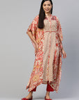 Floral Printed Flared Sleeves Thread Work Kaftan Kurta