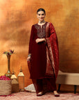 Velvet Kurta Set with Zari Embroidered Yoke with Palazzo & Art Silk Dupatta