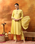 Fringe-Detailed Cotton Kurta Set with Embroidered Yoke & Dupatta