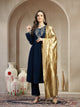 Velvet Straight Kurta Set with Zari Embroidery & Banarasi Dupatta