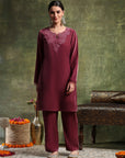 Velvet Embroidered Kurta Set with Organza Patti Sleeves & Palazzo