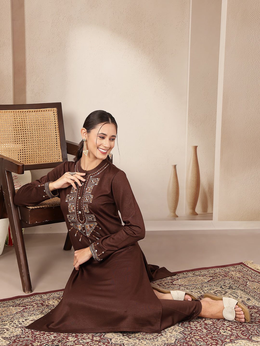 Viscose Blend Kurta Set with Ethnic Motif Embroidery