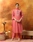 Fringe-Detailed Cotton Kurta Set with Embroidered Yoke & Dupatta