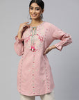 Peach & Green Embroidered Cotton Kurti