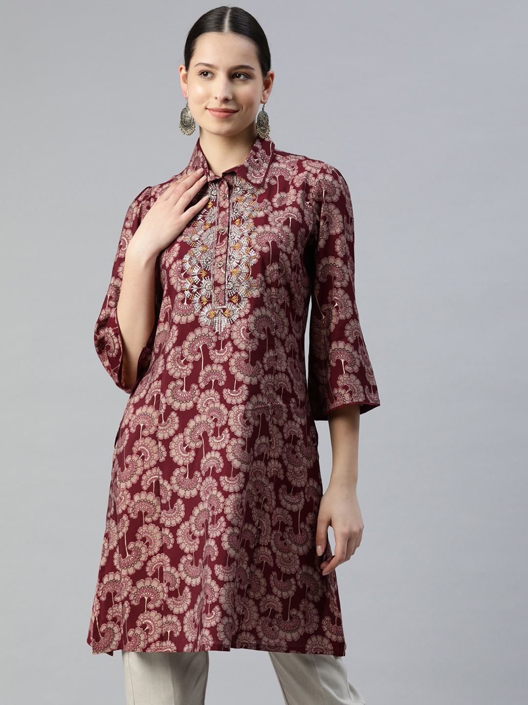 Floral Printed A-Line Modal Chanderi Tunic with Shirt Collar