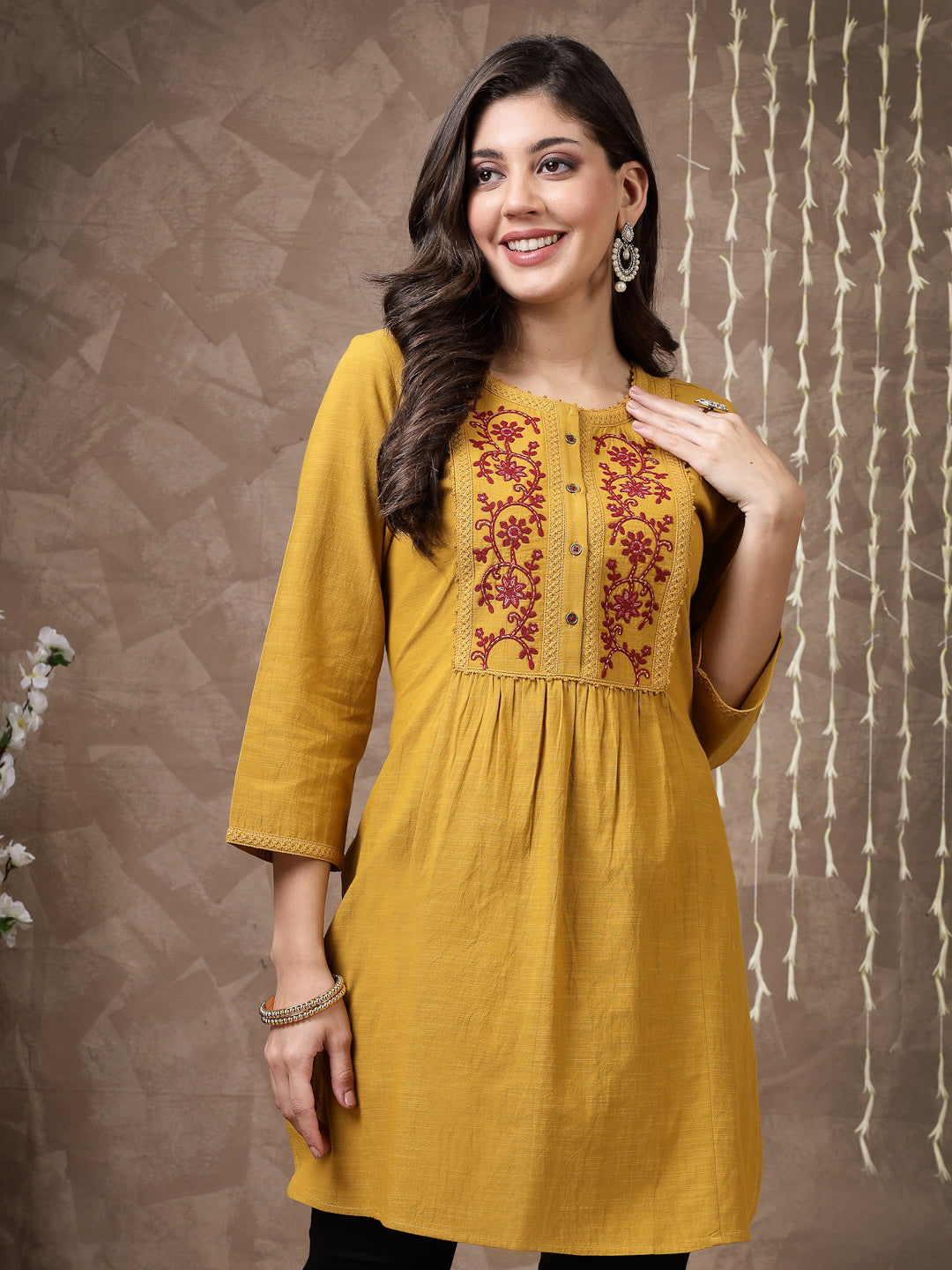 Solid A-Line Cotton Tunic with Embroidered Yoke
