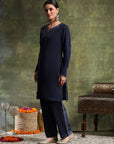Velvet Embroidered Kurta Set with Organza Patti Sleeves & Palazzo