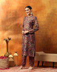 Wool Blend Floral Printed Kurta Set with Mandarin Collar, Zari Work & Printed Palazzo