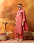 Fringe-Detailed Cotton Kurta Set with Embroidered Yoke & Dupatta
