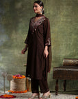 Crepe & Raschel Embroidered Kurta Set with Lace-Edged Mesh Dupatta