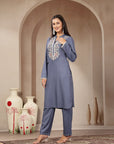 Rayon Kurta Set with Embroidered Mandarin Collar, Full Sleeves & Stitched-Hem Palazzo