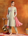 Knitted Wool Kurta Set with Ari Embroidery & Tasselled Dupatta