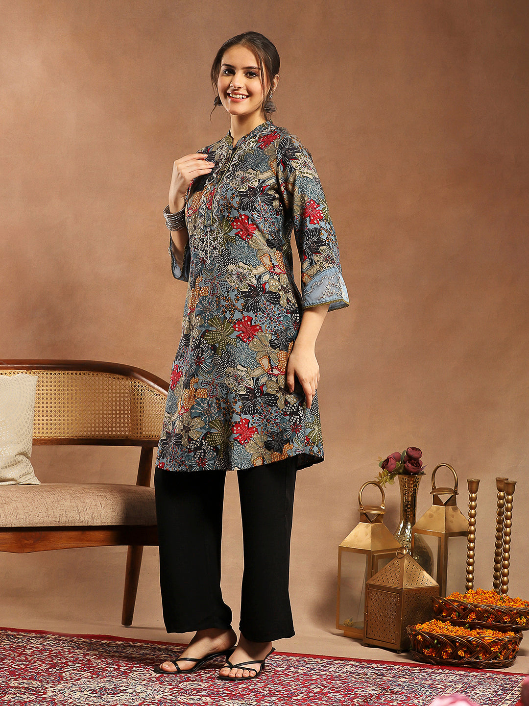 Floral Printed A-Line Modal Chanderi Kurta