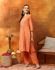 Silk Blend Embroidered Kurta Set with Palazzo & Lace Hem