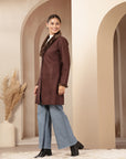 Suede Long Coat with Fur Collar & Sleeve Detailing