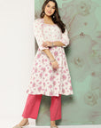 Floral Printed Sweetheart Neck Cotton Linen Kurta