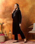 Velvet Kurta Set with Mandarin Collar & Zari Embroidered Yoke
