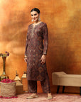 Wool Blend Floral Kurta Set with Zari Embroidery & Printed Elasticated Palazzo