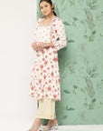 Floral Printed Sweetheart Neck Cotton Linen Kurta