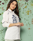 Collared Embroidered Top With Smocking Detail At  Sleeve Cuff