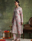 Wool Blend Floral Kurta Set with Zari Embroidery, Lace Detail & Solid Palazzo