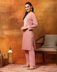 Wool Blend Solid Kurta Set with Thread Embroidery & Elasticated Palazzo