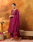 Zari Embroidered Kurta Set with Elasticated Palazzo & Tassel Art Silk Dupatta