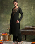 Denim Wool Kurta Set with Thread Embroidery & Palazzo