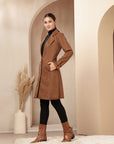 Suede Long Coat with Button Placket & Tab-Sleeve Detailing