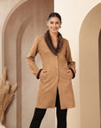 Suede Long Coat with Fur Collar & Sleeve Detailing