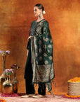 Velvet Zari-Embroidered Kurta Set with Bell Sleeves, Palazzo & Banarasi Dupatta