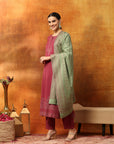 Floral Wool Blend Kurta Set with Embroidered Mandarin Collar & Printed Dupatta