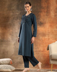Denim Wool Kurta Set with Thread Embroidery & Palazzo