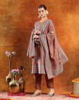 Floral Pashmina Wool Kurta Set with Zari Neckline & Printed Wool Dupatta