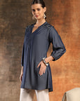Cotton Denim Above-Knee Kurti with Embroidered Mandarin Collar & 3/4th Sleeves