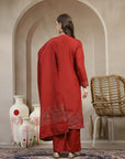 Woven Wool Kurta Set with Mandarin Collar, Palazzo & Printed Wool Dupatta