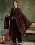Woven Wool Kurta Set with Mandarin Collar, Palazzo & Printed Wool Dupatta