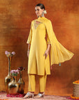 Nylon Viscose Kurta Set with Ari Embroidery, Lace-Trimmed Palazzo & Chiffon Dupatta