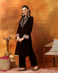 Velvet Zari Embroidered Kurta Set with Elasticated Palazzo