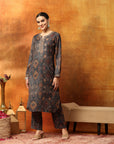 Wool Blend Floral Kurta Set with Zari Embroidery & Printed Elasticated Palazzo