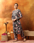 Wool Blend Floral Kurta Set with Zari Embroidery, Lace Detail & Solid Palazzo