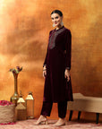 Velvet Kurta Set with Mandarin Collar & Zari Embroidered Yoke